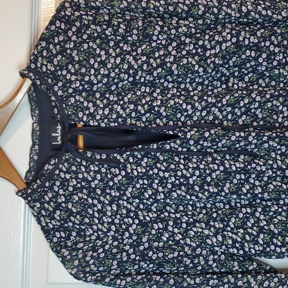 Lulus Garden of Grace Navy Blue Floral Print Long Sleeve Ruffled Dress SZ M - Picture 4 of 10